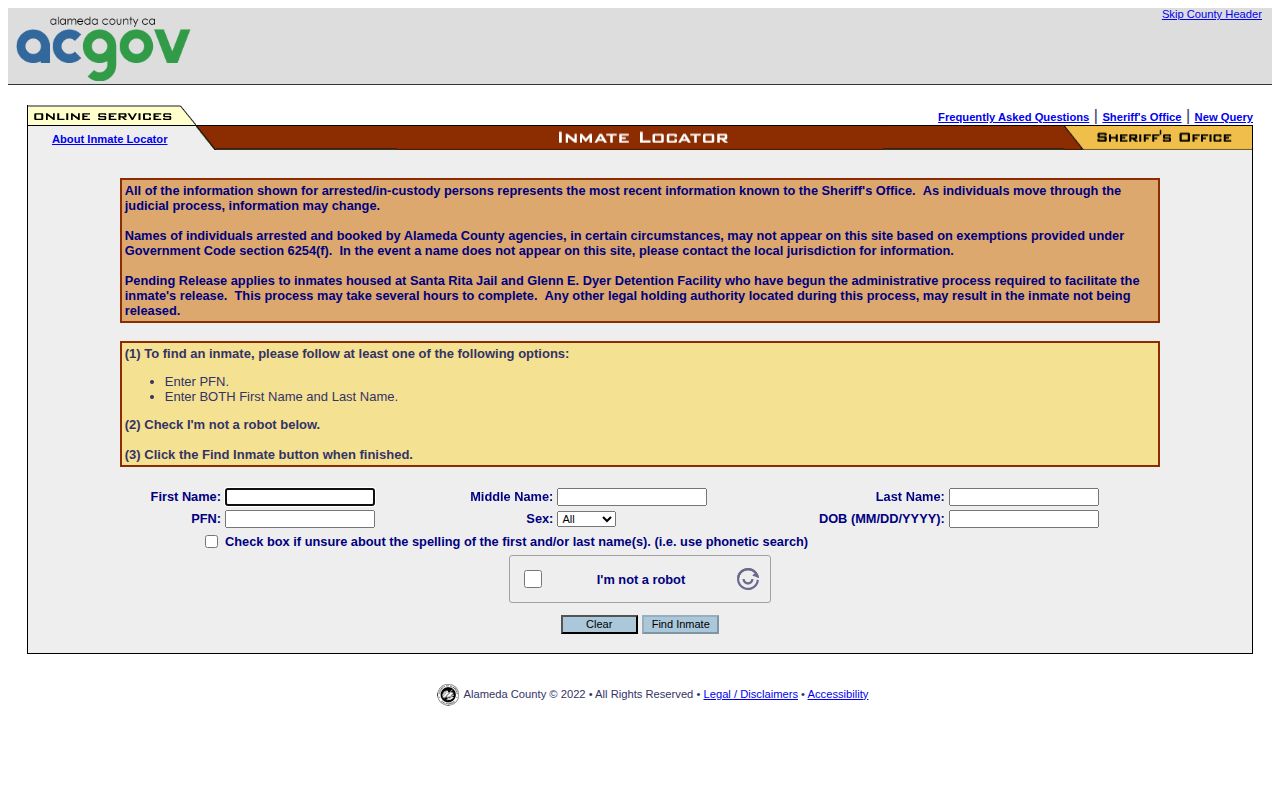 Alameda County released inmates locator with pending release status context