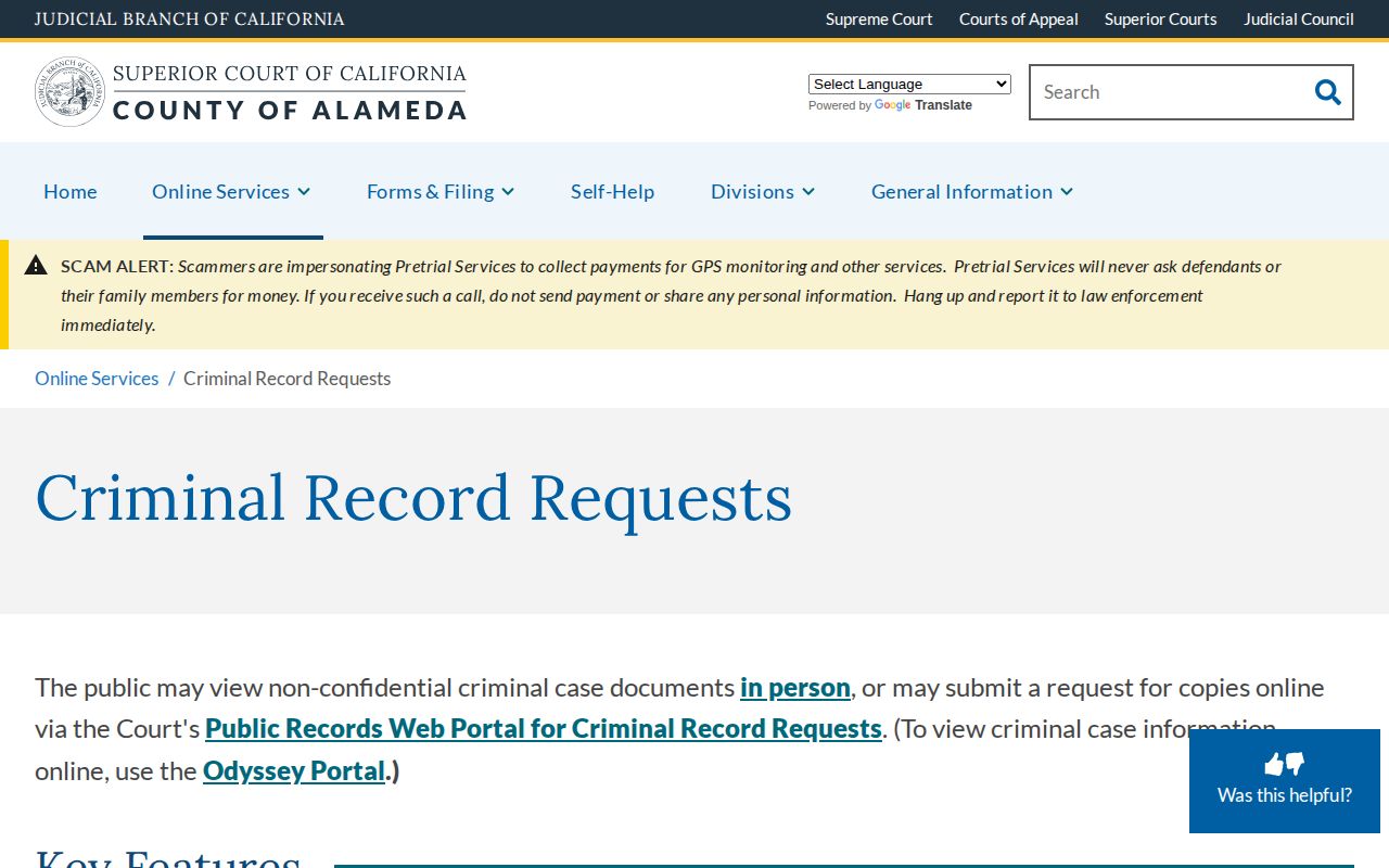 Alameda County criminal record request path for released inmate court records