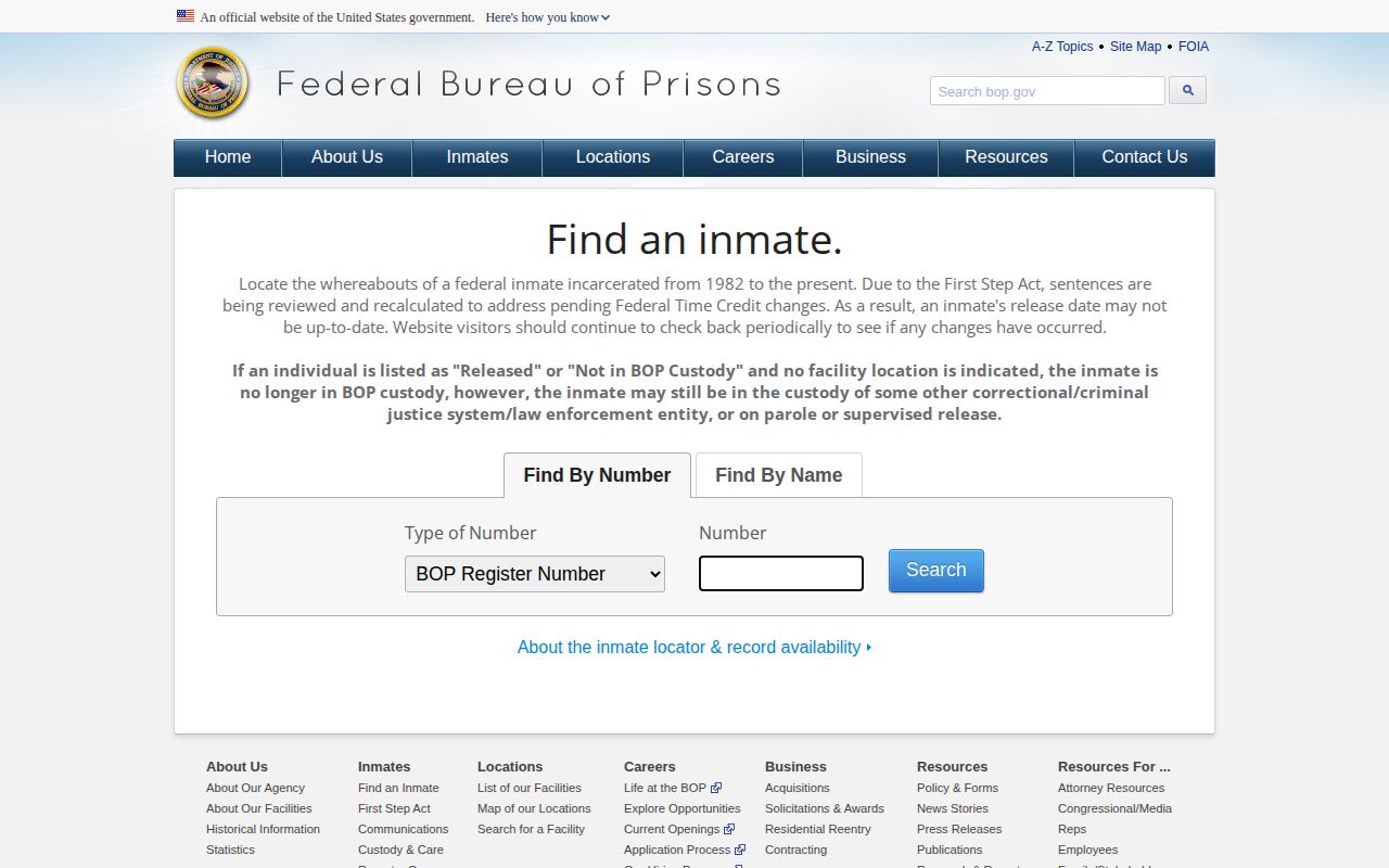 BOP Inmate Locator page used for former FCI Dublin federal release searches