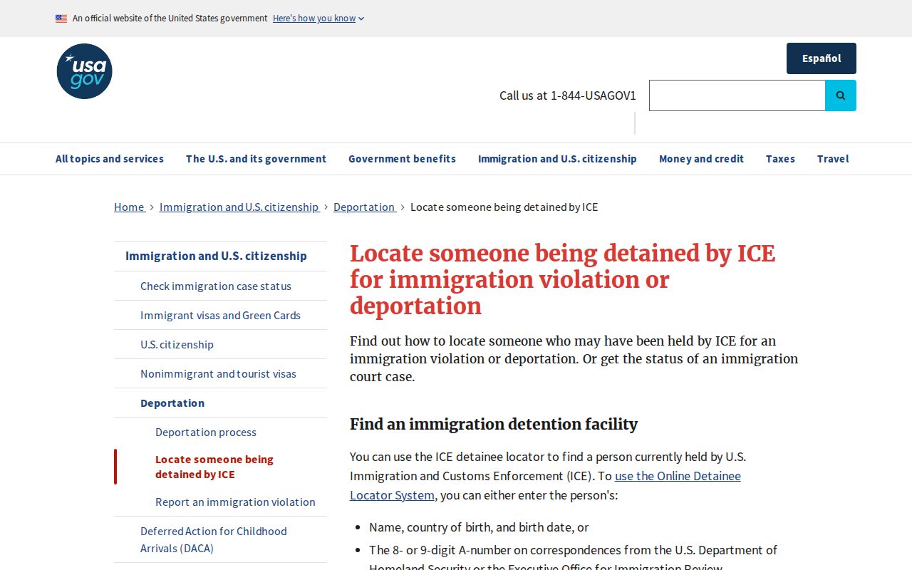 USA.gov ICE detainee locator guidance for immigration custody searches