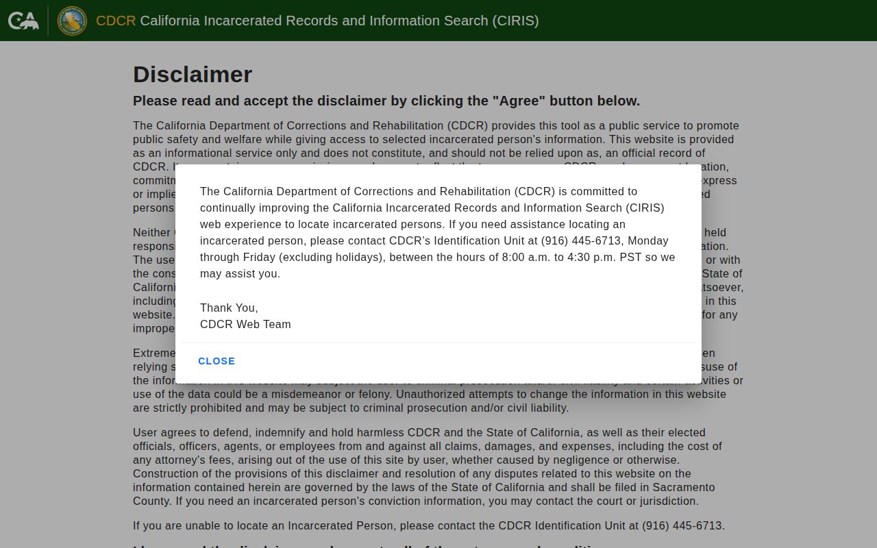 CDCR CIRIS search page for California incarcerated records and release-date research