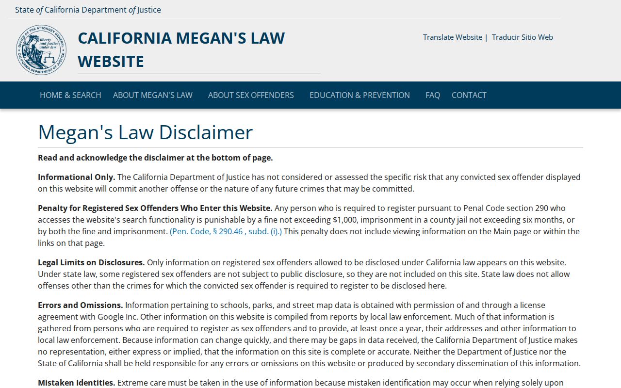 California Megan's Law search page for qualifying registrants, not a general Alameda County release feed