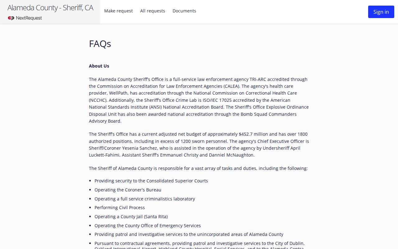 Alameda County Sheriff's public records portal information for Santa Rita Jail records