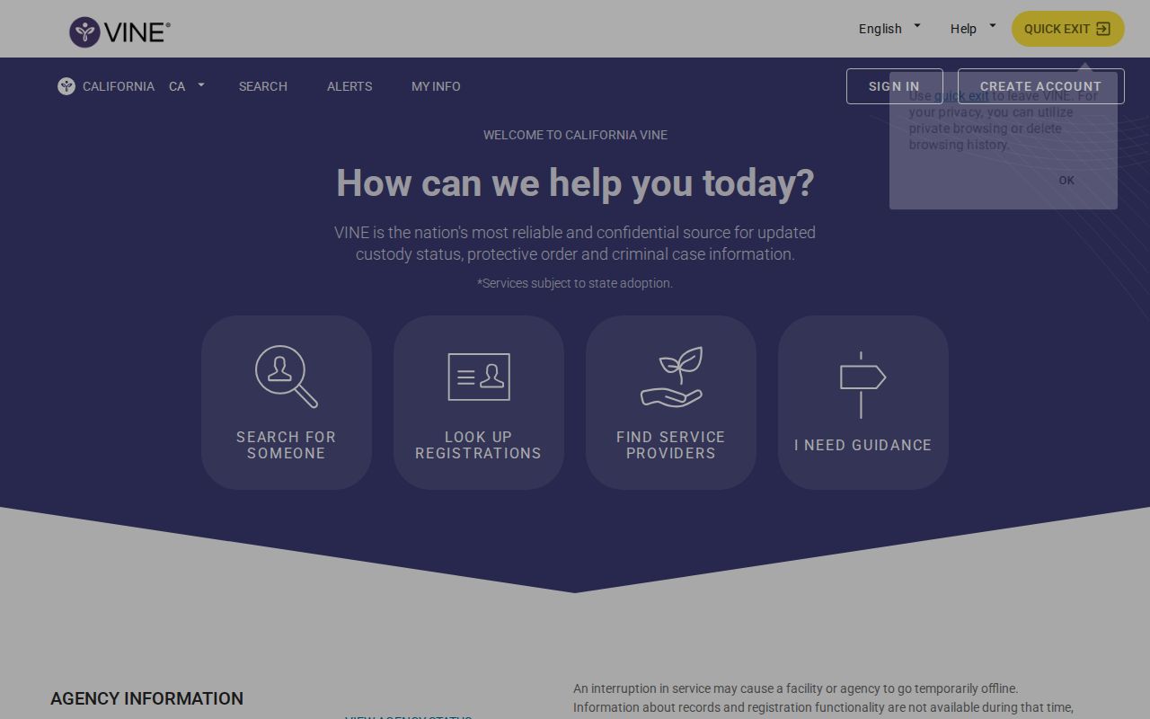 California VINE state portal for custody status and release notification searches